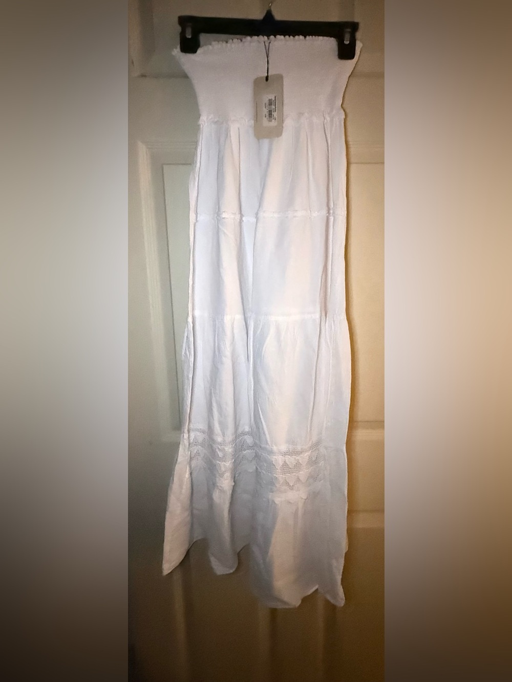 White Smocked Waist Tiered Maxi Skirt with Lace Trim